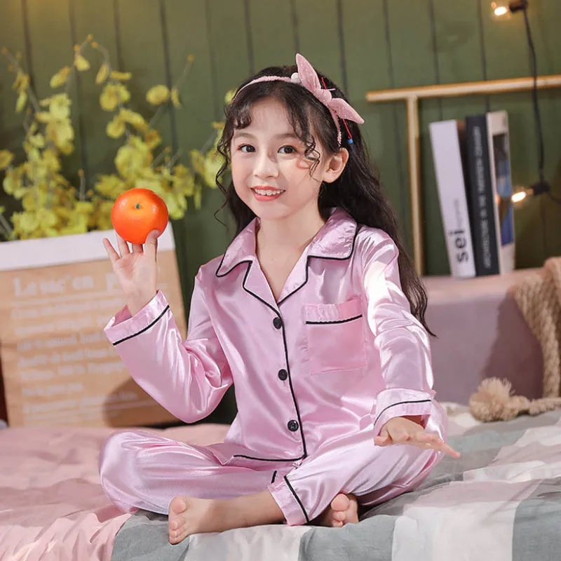 Cute Cartoon Children Outfit Pajamas Set 2024 Long Sleeve Satin Pyjama Toddler Boy Girl for 2 to 3 4 5 6 7 8 9 10 11 12 13 Years