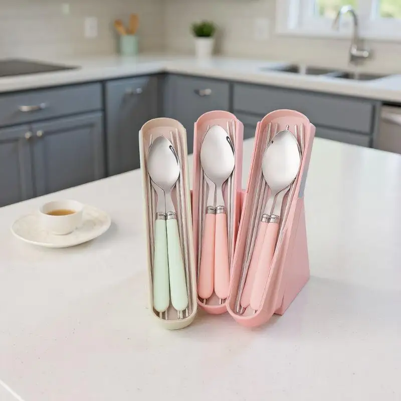 Stainless Steel Portable Student Tableware Outdoor Travel Lunch Box Spoon Fork Chopsticks Set With Storage Case Adult Gift