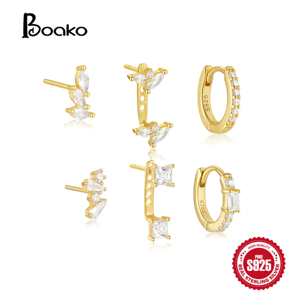 BOAKO 925 Sterling Silver Geometric Horse Eye Cube Zirconia Earrings Set For Women 18k Gold Plated Ear Pierced Brincos Feminino