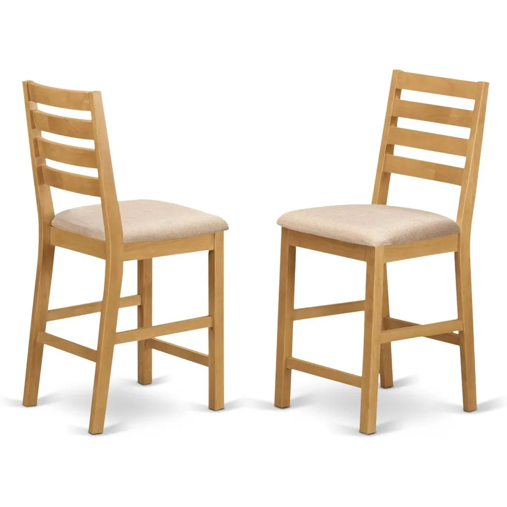 CFS-OAK-C Café Counter Height Barstools - Linen Fabric Upholstered Wooden Chairs, Set of 2, Oak