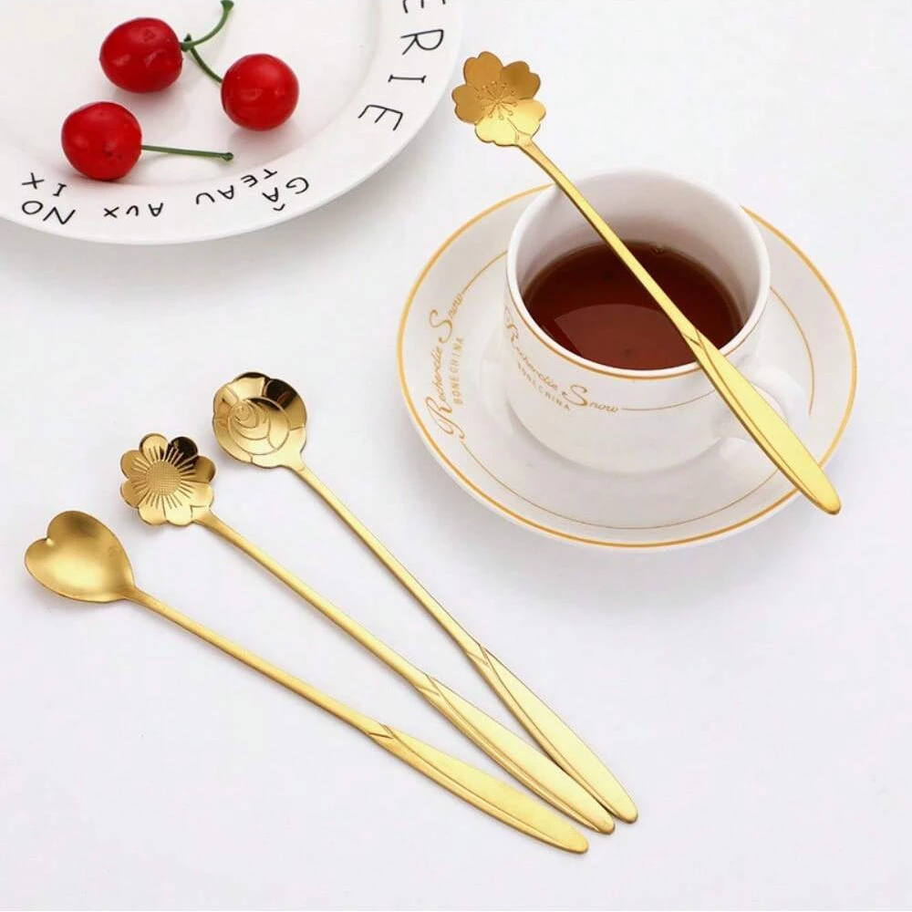 Stainless Steel Flower Spoon Set Ice Cream Coffee Dessert Milk Powder Honey Spoon Long Handle Stirring Spoon Spoon Tableware