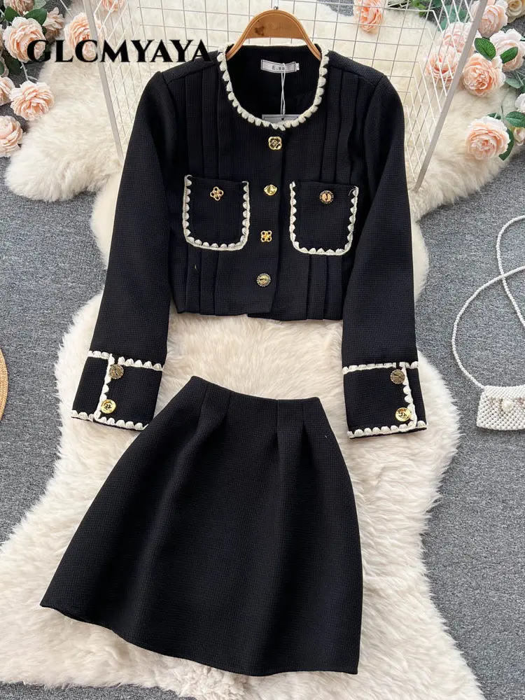 

GLCMYAYA Chic Women High Waist Big Swing Skirt Suit and Long Sleeve Single Breasted Blazer 2023 Female Two 2 Piece Set Outfits