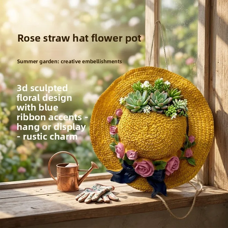 Creative Straw Hat Succulent Planter Resin Hanging Flower Pot for Balcony Cute Green Plant Container Outdoor Rustic Home Decor