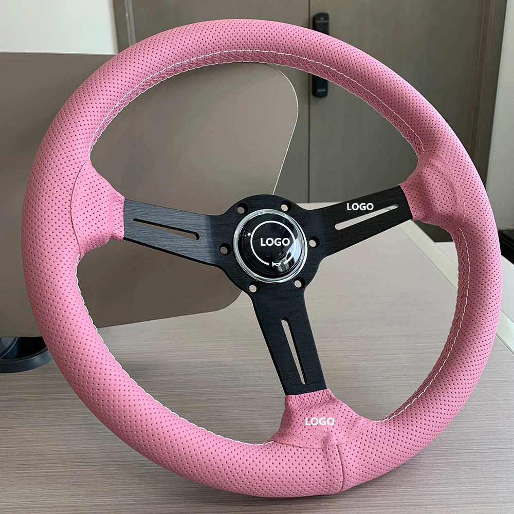 

TIYPEOR 14inch 350mm Pink Perforated Leather Steering Wheel Universal Racing Drifting Steering Wheel Black Spoke