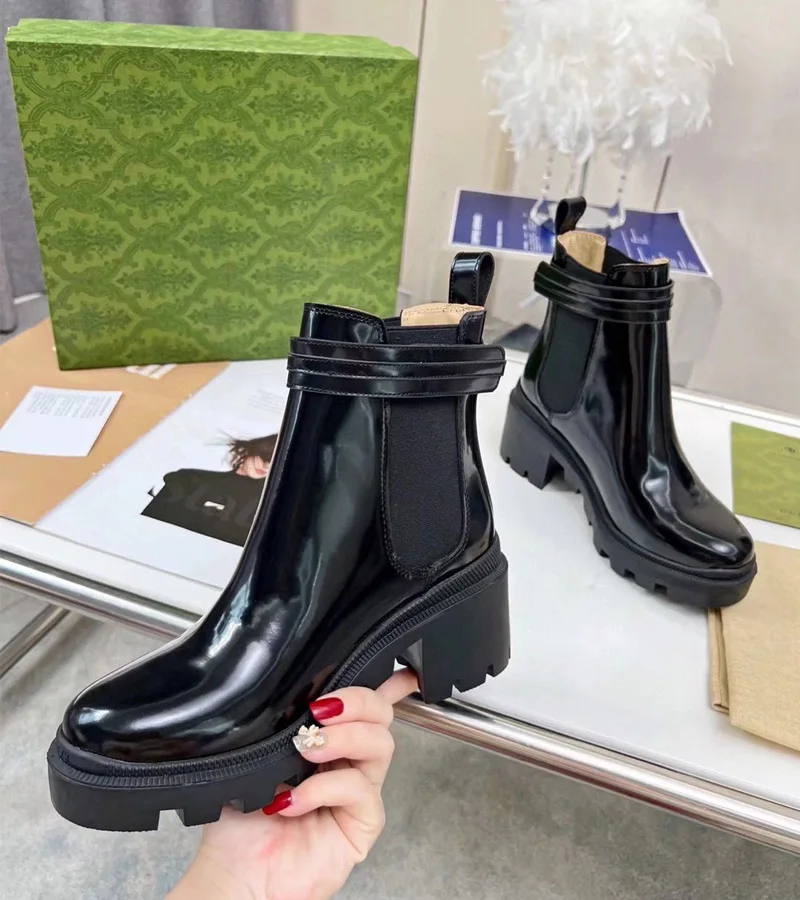 

Patent Leather Ankle Boots Slip-On Belt Buckle Zapatos Para Mujeres Elastic Strap Ladies Bota Feminina Chunky Heels Women Shoes