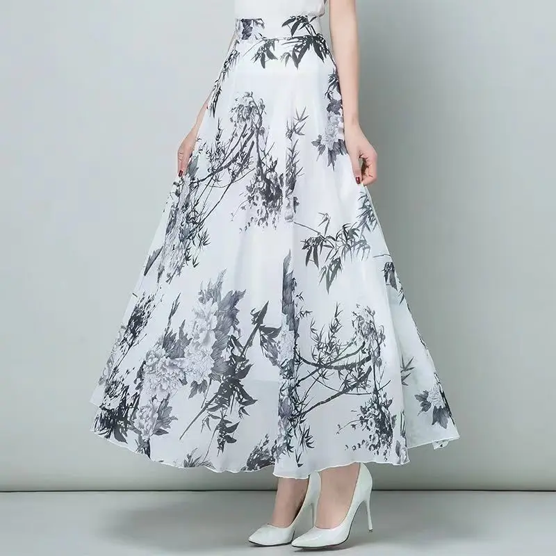 2025 summer versatile slimming chiffon midi skirt for women casual a large-shaped long dress girl flower skirt