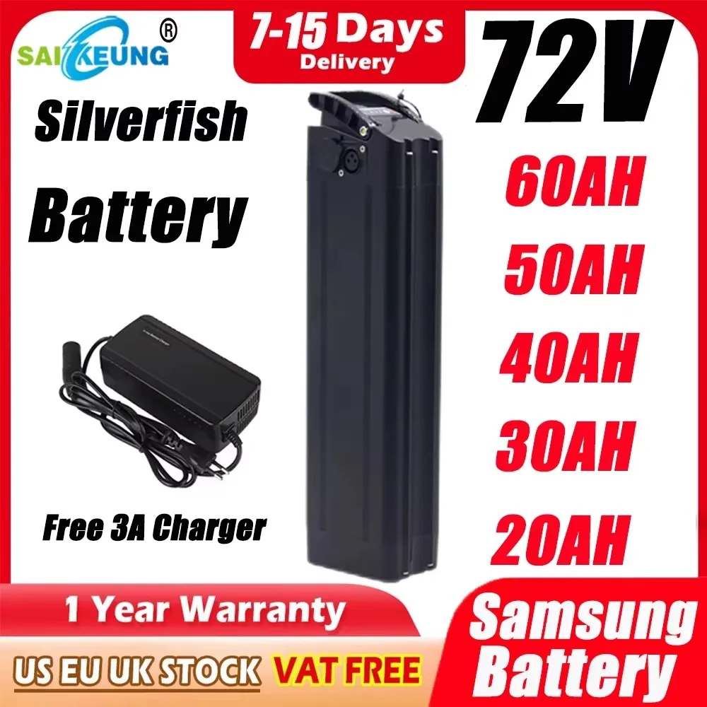 SilverFish 36v 48v 52v 60v 72v 20 24 30ah 40 50 60ah Lithium Battery EBike Akku Accu Electric Bicycle 1000w 2000w 3000w Batterie