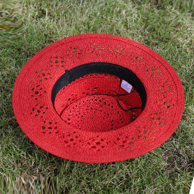 Handmade Red Straw Hat Hollow Out Summer Hats for Women Fedora Hat Ladies Sun Hat Wedding Party Beach Hat Wide Brim Boater Hat