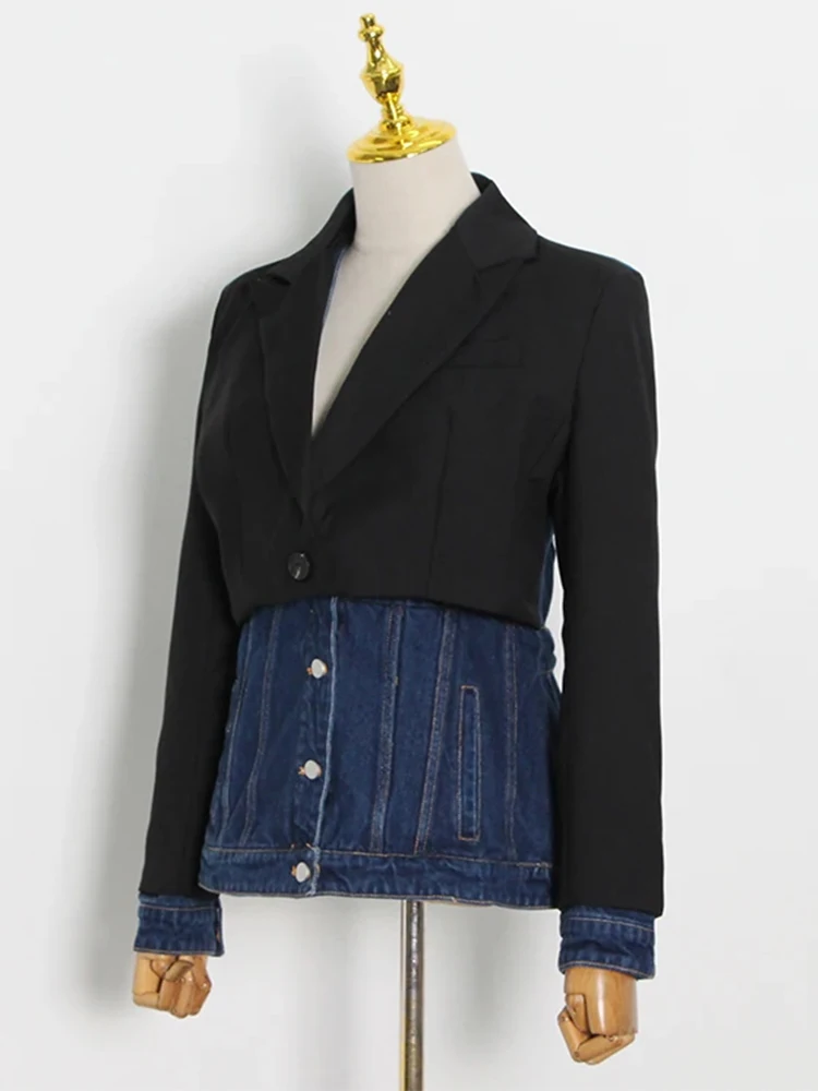 TWOTWINSTYLE Colorblock Patchwork Denim Blazer For Women Notched Collar Long Sleeve Spliced Button Casual Blazers Female Style