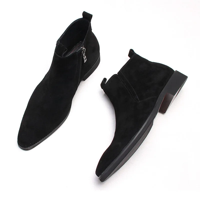 Suede Leather Boots Men Winter Shoe Genuine Ankle Black Brown Formal Dress Man Boot Side Zipper Italy Chelsea Boots Men Original