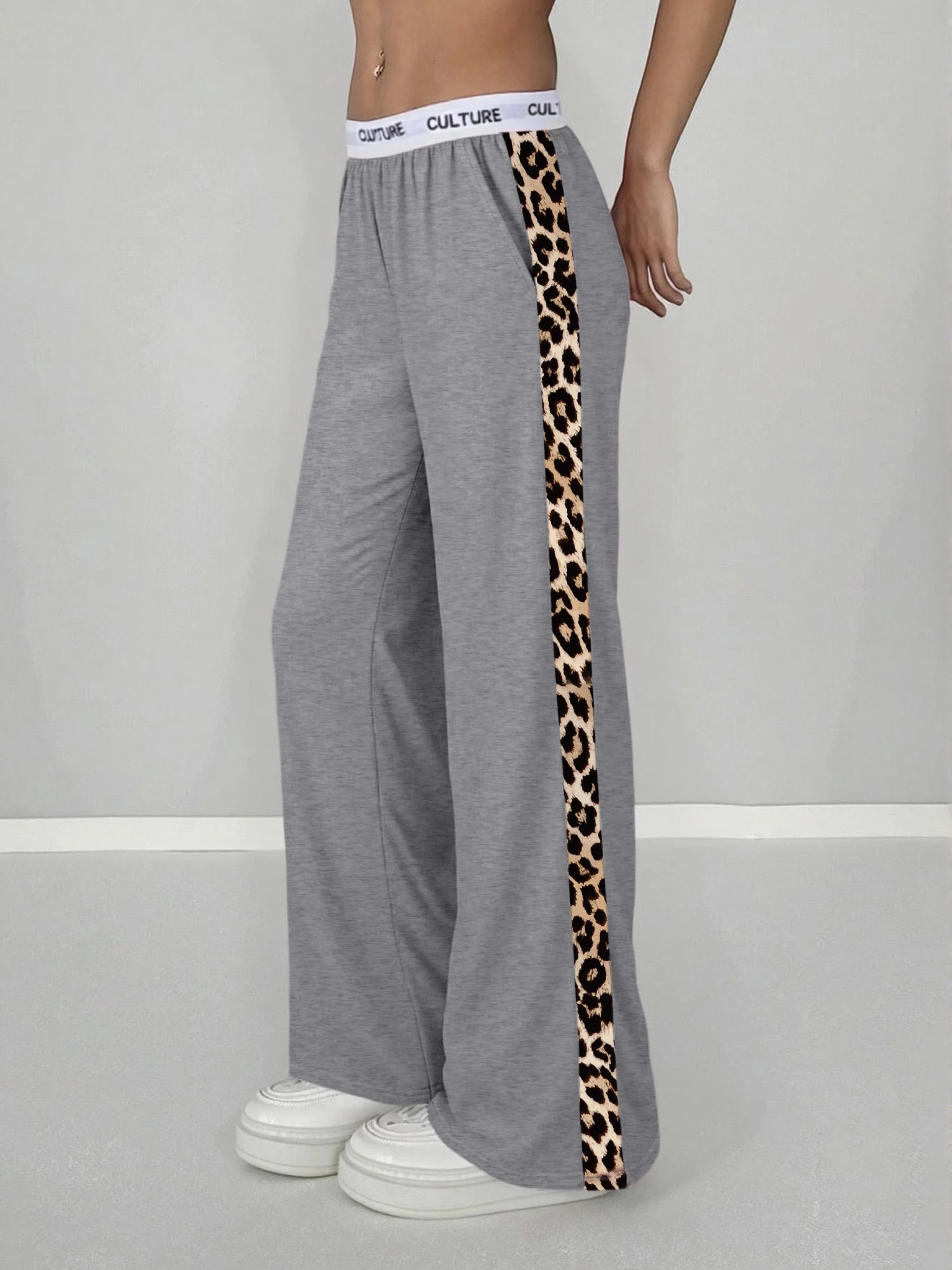 2026 Neu Heißer Verkauf Damen Leopardenmuster Seitenstreifen Weite Hose Lässige High-Waist Hose mit Schriftzug-Bund Lockerer Streetwear-Stil – Detail 16