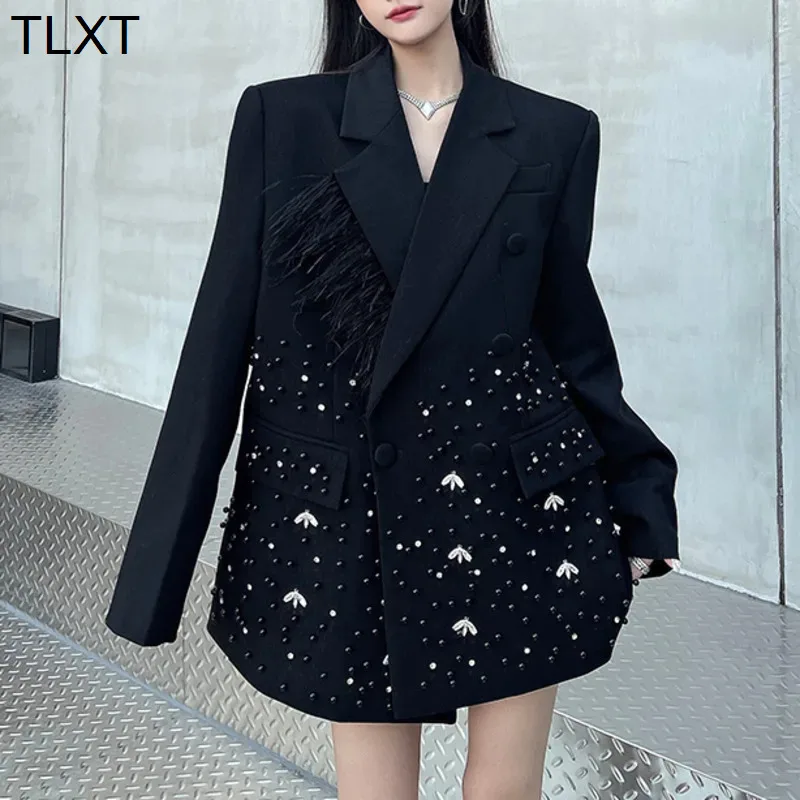 

TLXT женский высококачественный пиджак с горячим тиснением и бусинами для ногтей, новинка весны 202, однобортный свободный пиджак с зубцами, женский XK1036