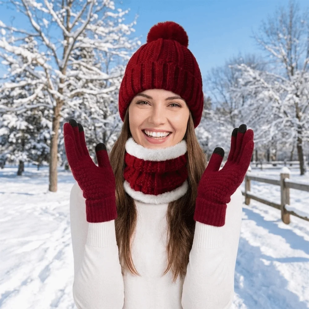 3pcs Fashion Solid Color Hat Scarf Gloves Set Cute Pompom Keep Warm Knitted Hat Thickened with Velvet Beanie Hat Outdoor