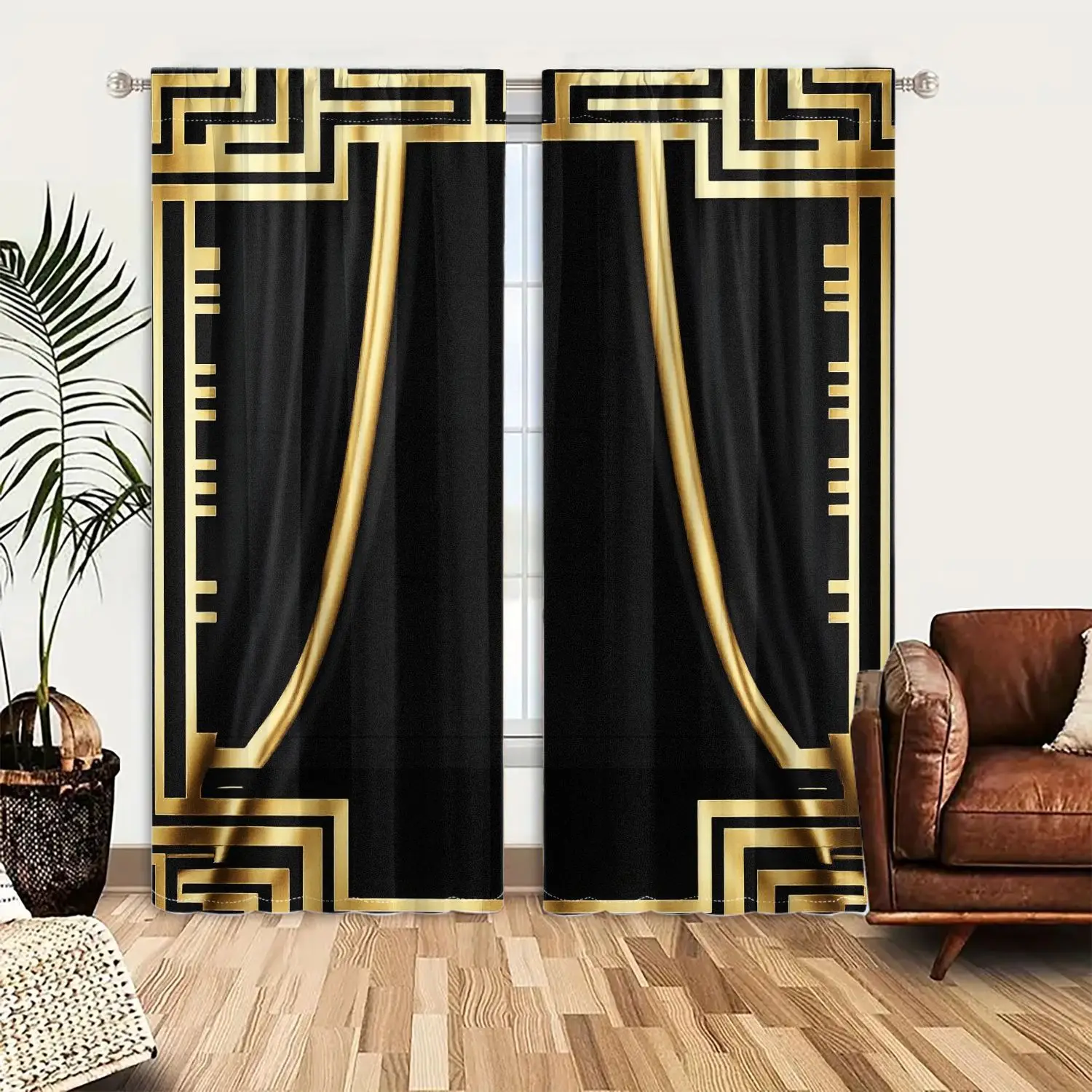 

2Pcs Fake Curtains Gold Trim Are Framed By A Bold Gold Window Drapes For Bedroom Living Room Decoration Window Treatment.