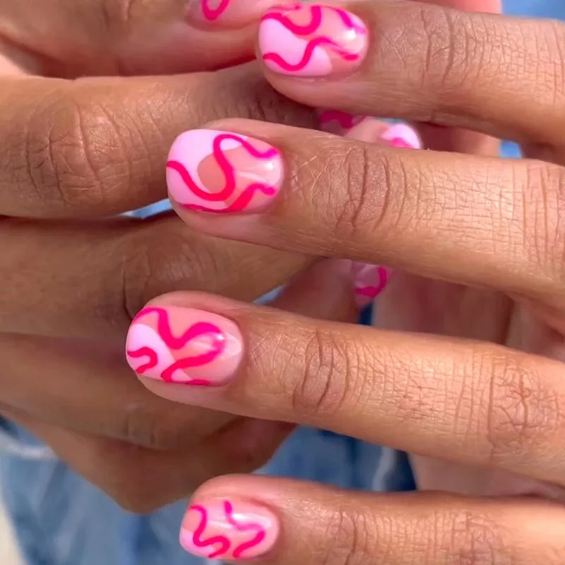 

24PCS Spice Girls False Nails with Glue Cute Pink Graffiti Curve Short Square Press on Nails Full Cover Detachable Nail Manicure