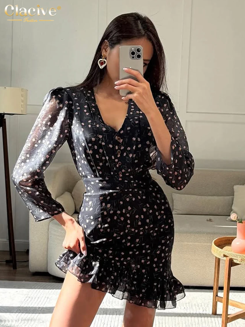 Clacive Fashion Slim Print Women's Dress 2025 Sexy V-Neck Long Sleeve Mini Dresses Elegant Classic High Waist Female Dress