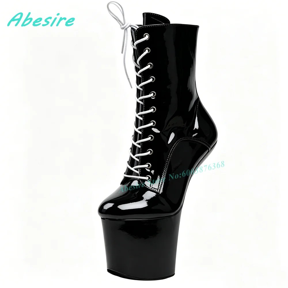 20Cm Platform Patent Leather Ankle Boots Round Toe LaceUp Women's Boots Spicy Girls Nightclub Stage Pole Dance Party Shoes