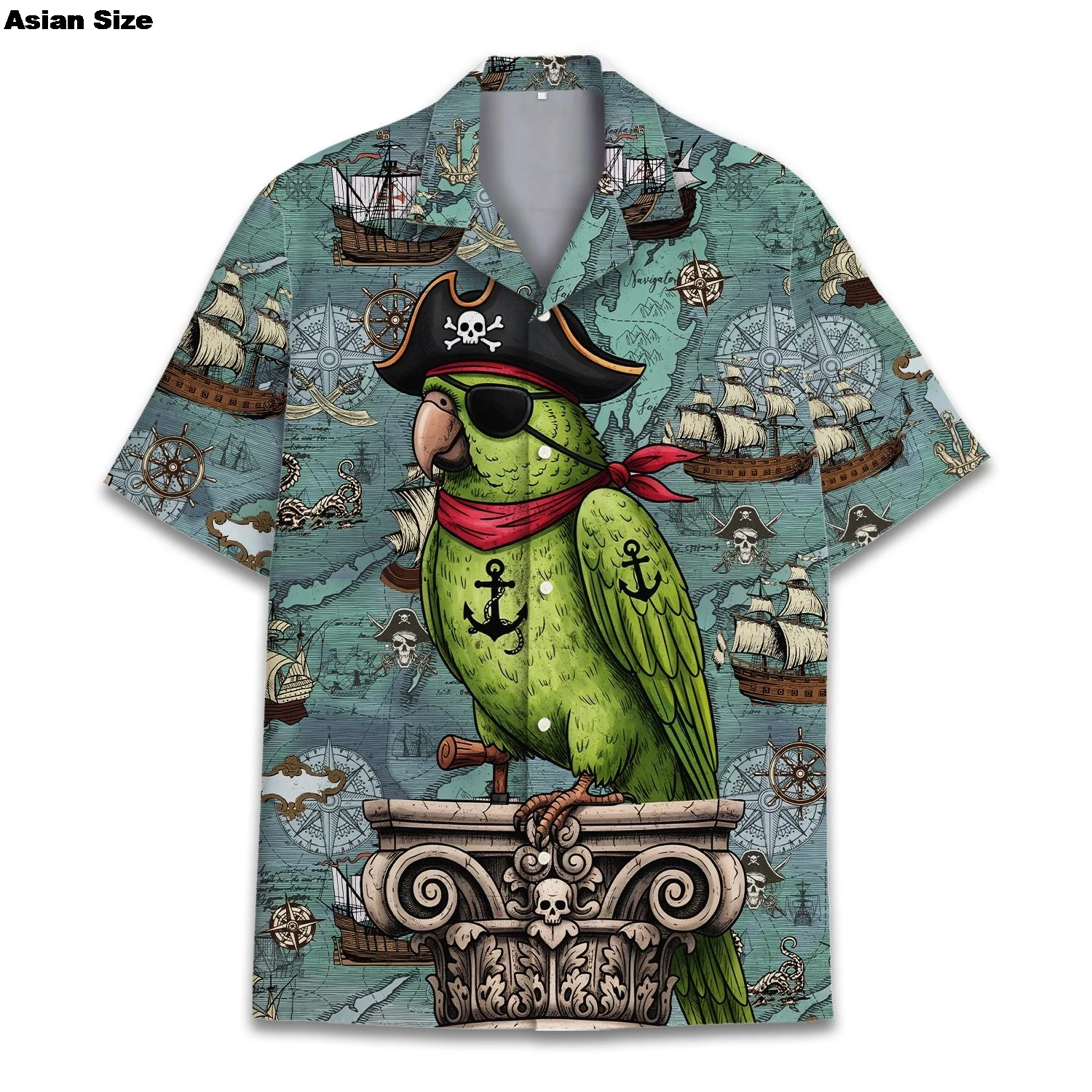 Hawaiian Resort 3D Print Parrot Pirate Dress Flower Shirt Men's Summer Short Casual Man Clothing Vintage Harajuku  Lapel Blouse