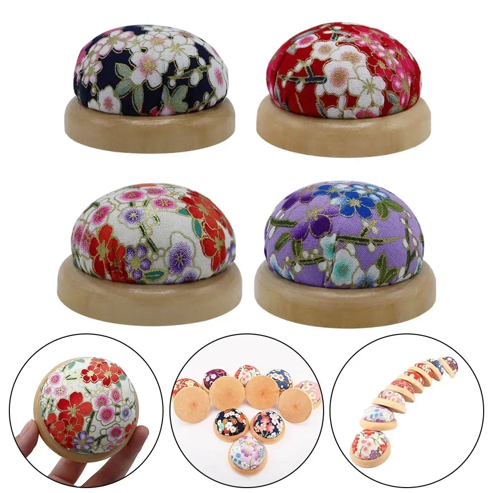 Ball Shaped Pin Cushion With Wooden Base Printed Floral Fabric Cover DIY Sewing & Quilting Accessory Needlework Tools