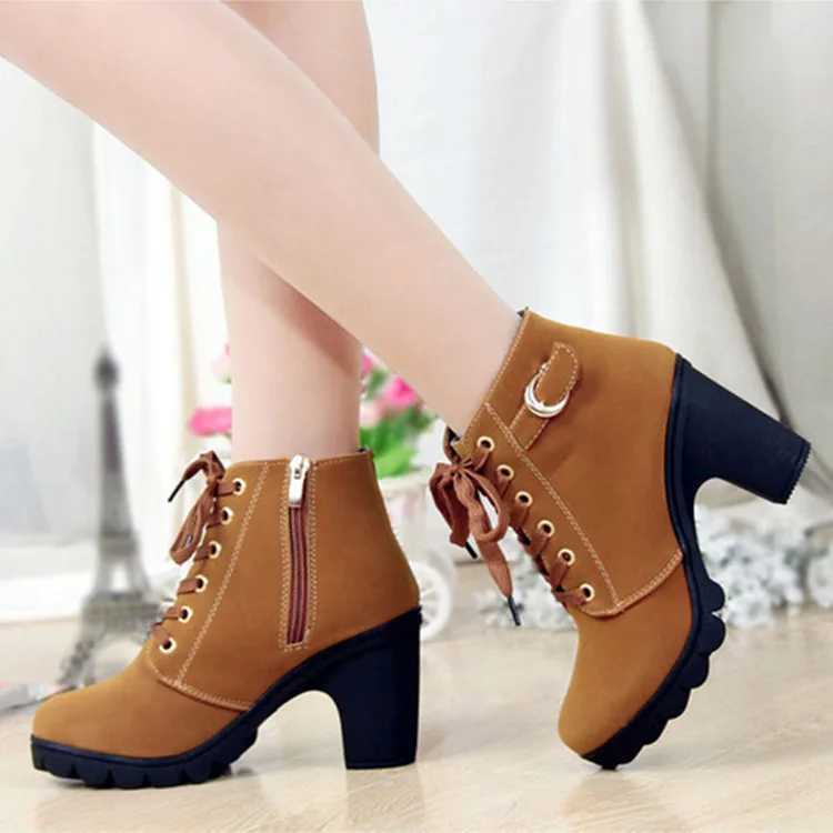 Fashion Boots Women Shoes Women High Heel Lace Up Ankle Boots Ladies Buckle Platform Artificial Leather Shoes bota feminina