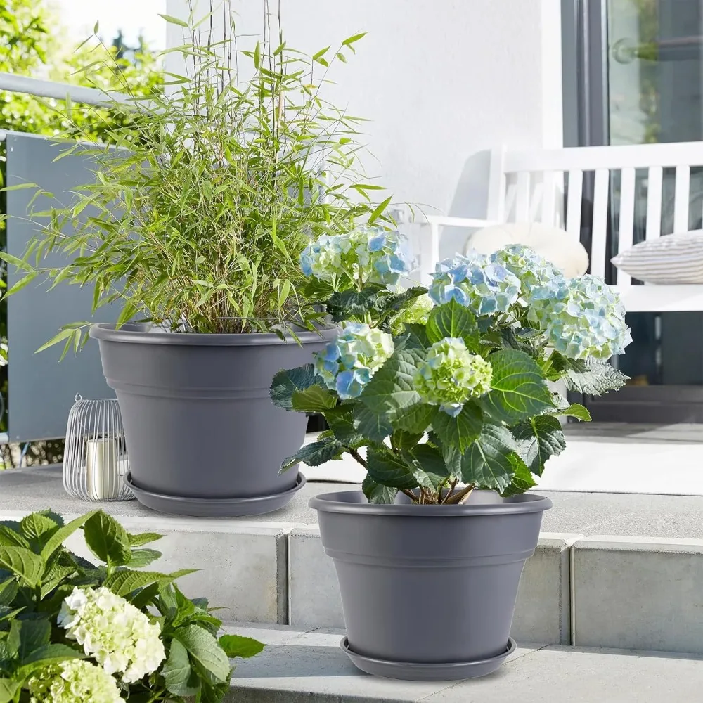 أوعية نباتات كبيرة مقاس 16 بوصة، 4 عبوات، مزارعي زهور بلاستيكية مع فتحات تصريف وصواني لتزيين الحديقة الداخلية والخارجية #2