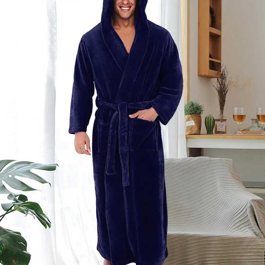 Fleece Nightgown Ankle Length Men Bathrobe Waist Lace-up Winter Warm Hooded Long Fleece Home Gown Sleepwear Anti-freeze