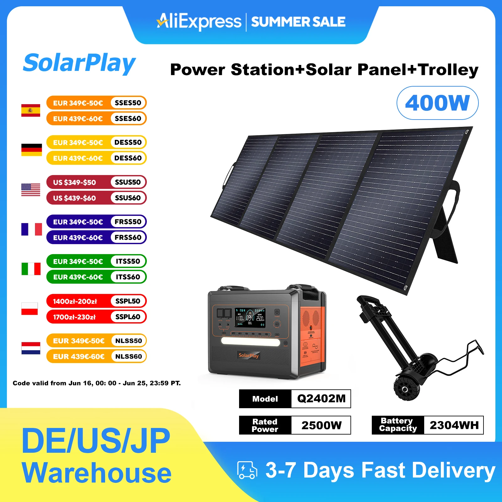 

SOLARPLAY Trolley Camping Portable Power Accumulator Q2402M Charging Station Emergency Mobile Solar Charger Kit IP65 Waterproof