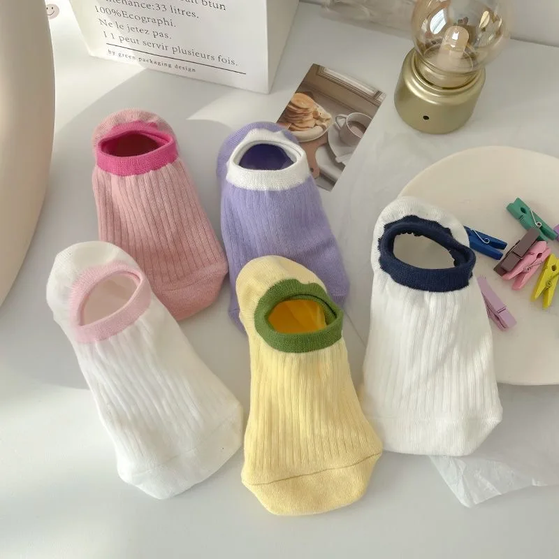 1Pairs Summer Cotton Non Slip Invisible Heel Socks Thin Ice Cream Color Block Boat Socks Sweat-absorbing Women Children