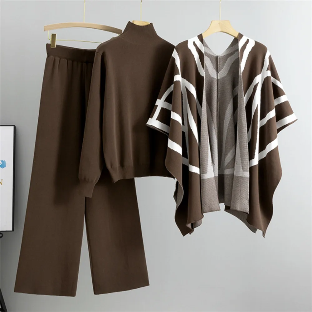 New Knitted 3 Pieces Set Women Stripe Shawl + Half High Neck Full Sleeve Pullover Top + Wide Leg Trousers Fashion Style Suits