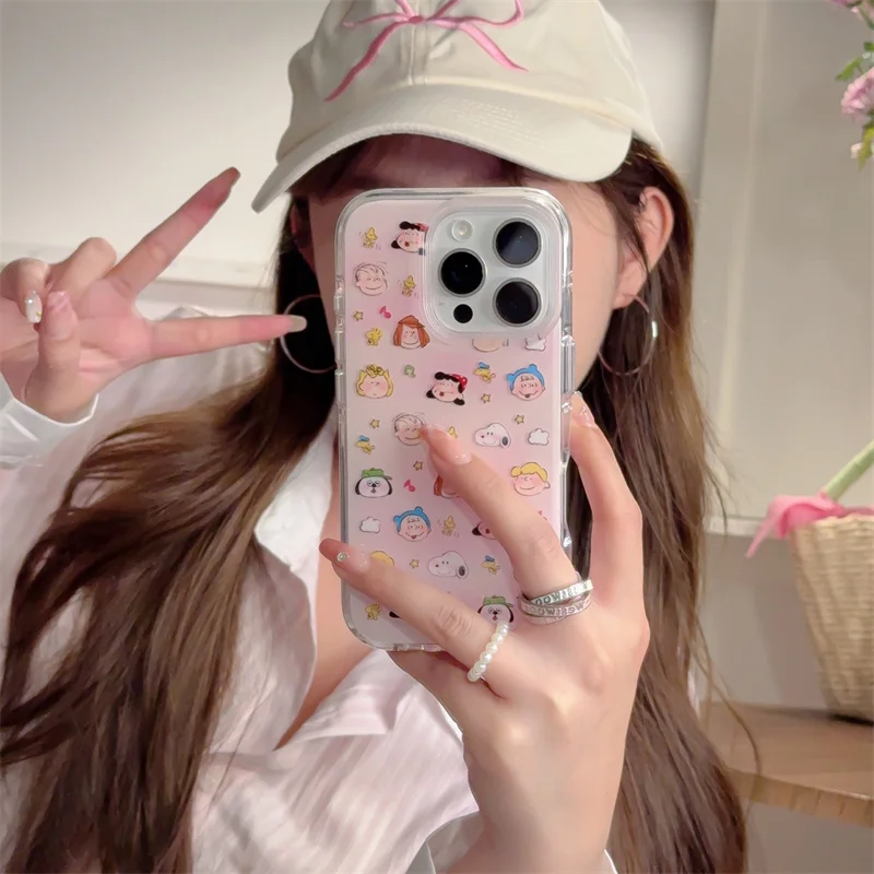 Engraçado dos desenhos animados bonito snoopy charlie marrom uma família feliz capa de telefone para iphone 13 14 15 16 pro max gradiente rosa snoopy caso