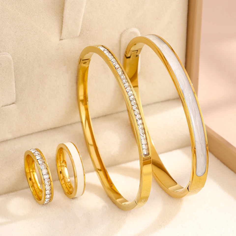 Yupsk 4-teiliges Set aus Edelstahl-Armband und Ring für Damen, quadratischer Armreif mit Zirkon-Einlage, modischer Schmuck zum Stapeln, Geschenk – Detail 3