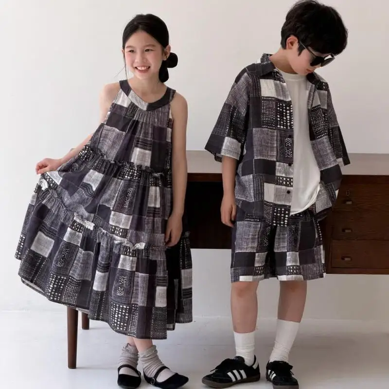 

2026 Summer New Children Short Sleeve Clothes Set Boys Shorts Suit Cotton Girls Halter Neck Dress Kids Brother Sister Outfits