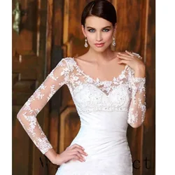 Lace Long Sleeve Wedding Bolero Scoop Bridal Wraps for Wedding Party Prom Cheap Ivory Beaded Bride Jacket Bolero Shrug Custom