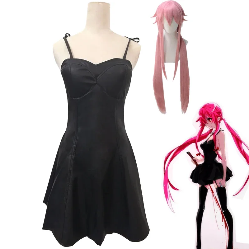 

Anime Mirai Nikki Gasai Yuno Cosplay Costumes Future Diary Black Faux Leather Dress Uniform Sets Wig Synthetic Hair