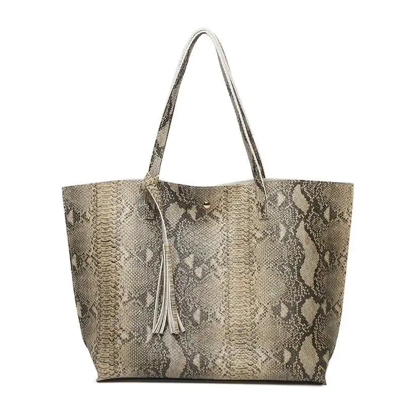 

Top quality PU leather tote bag female fashion Tassels serpentine prints leather handbags women boston sac large shoulder bag