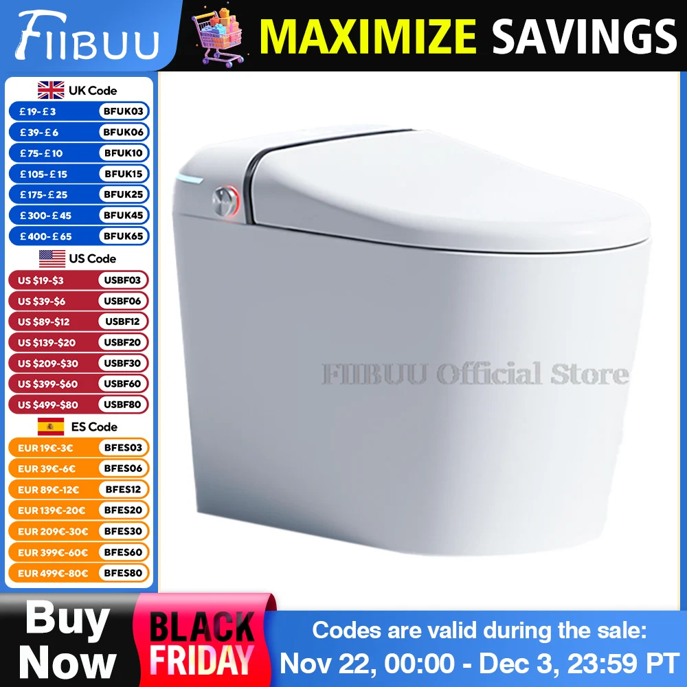 Smart Toilet with Bidet Built-in Water Tank One Piece Toilet for Bathrooms Auto Open Heated Seat Night light Digital Display