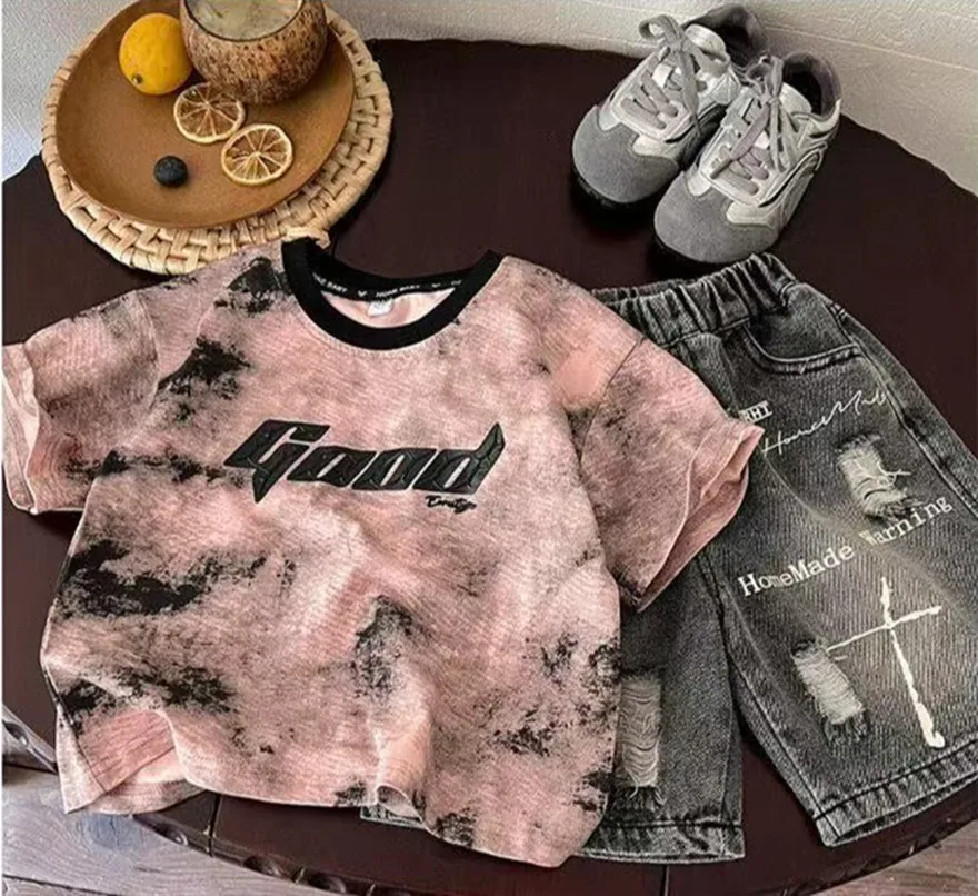 

Korean Kids Tide Sport Set Baby Boys Girls Summer Clothes Fashion Letter Short Sleeve T-Shirt Jeans Pants 2pcs Kids Outfits New
