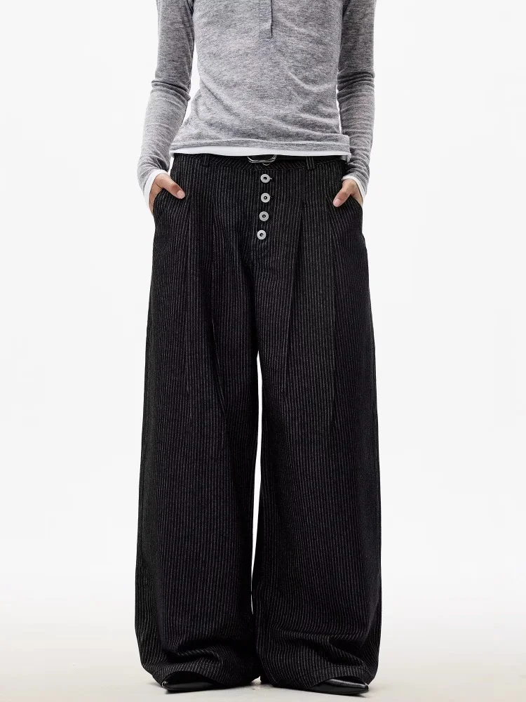 

Ropa Y2K 2021, модные черные полосатые плиссированные мешковатые женские джинсы, брюки для женской одежды, повседневные хлопковые длинные брюки на пуговицах