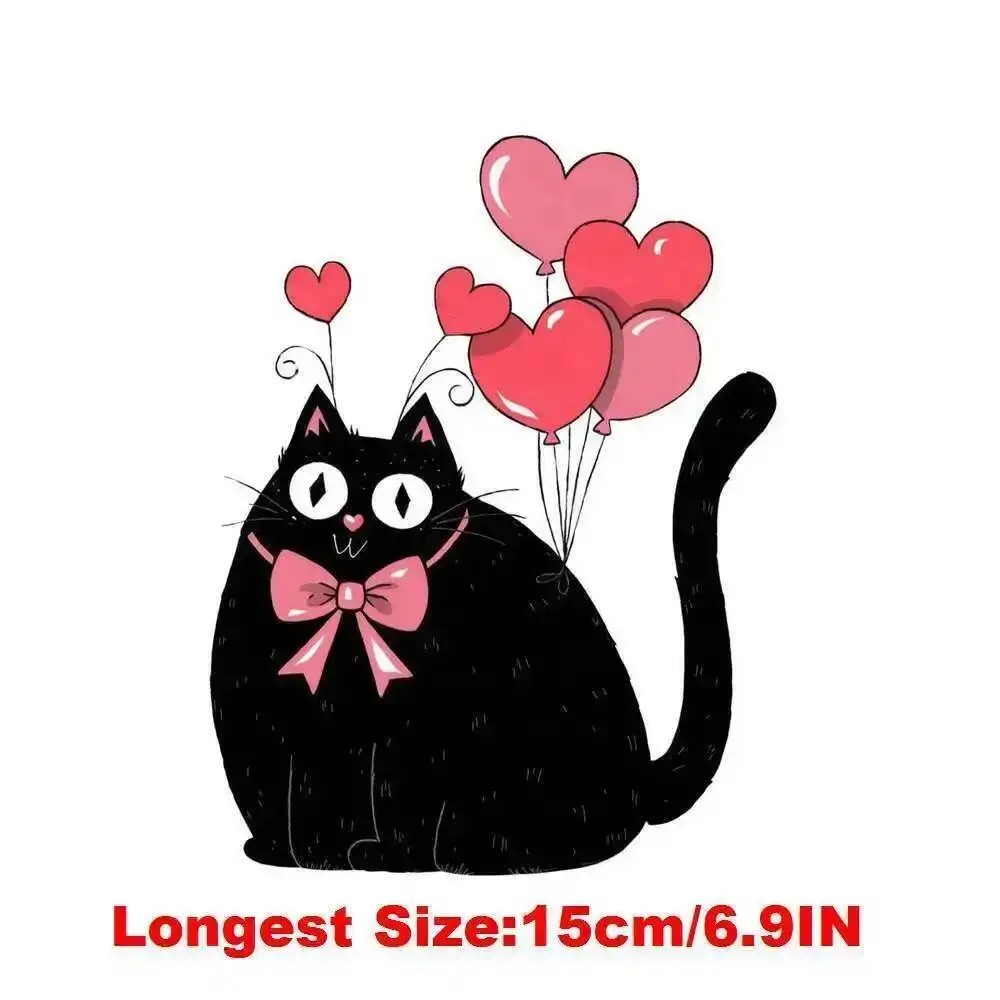 15cm Cartoon Black Cat Valentine Love Heart Iron On Transfer Stickers Diy DTF Heat Transfer Sticker T-shirt Clothes Decals