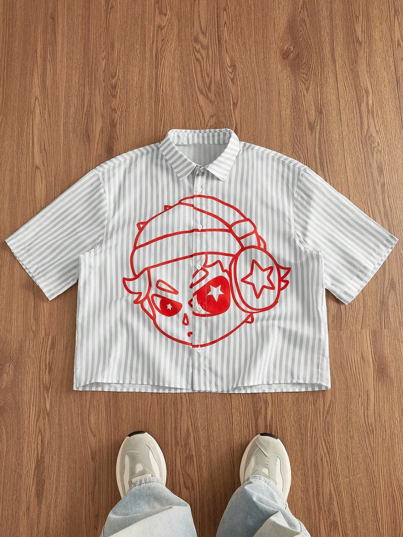 

Unisex Short Sleeve Striped Button-Down Shirt with Red Graphic Print