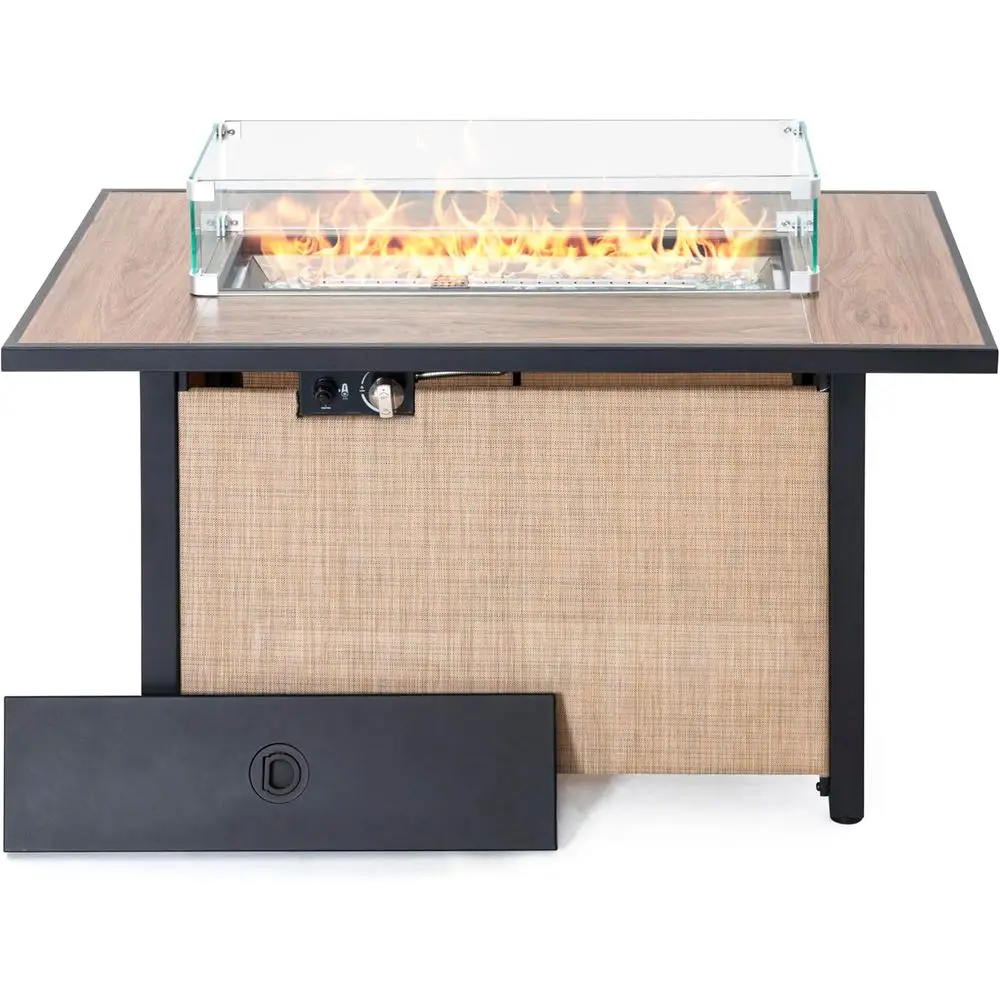 

43 Propane Fire Pit, CSA Certified, 50,000 BTU, Glass Wind Guard, Outdoor Patio Fire Table, Light Brown