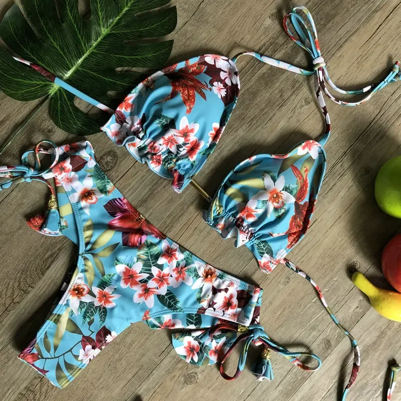 Seksowny kwiatowy Print strój kąpielowy 2 sztuk stroje kąpielowe Push Up Micro String Bikini zestaw wyściełane kobiety stringi brazylijskie stroje