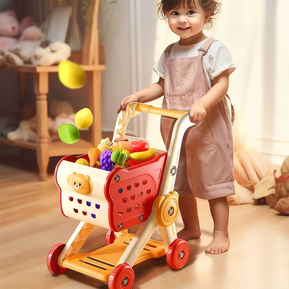 Children’s Shopping Cart Toy with Food Accessories Pretend Play Supermarket Handcart Kitchen Educational Gift