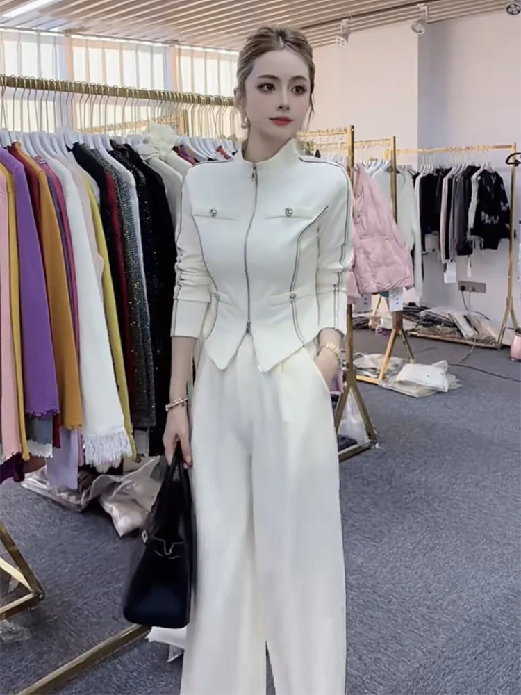2025 Autumn New Fashionable and Versatile Slimming Temperament Design Sense Zipper Top+Straight Pants Set for Women