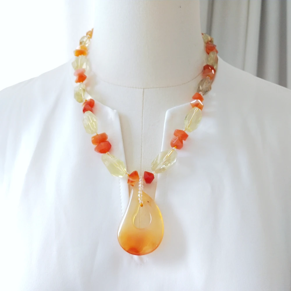 Lii Ji Stone Necklace Carnelian Lemon Quartz 54cm Women's Jewelry Gift Elegant Fashionable Gemstone Accessories for Ladies