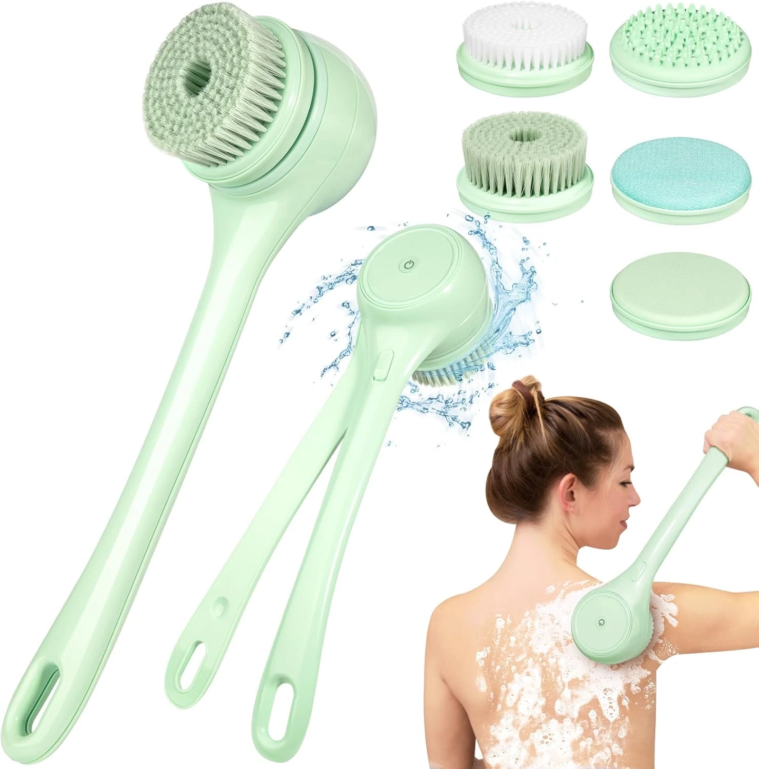 

Dual Handle Body Brush Back Scrubber - Auto Spinning Exfoliating Massage with 5 Brush Heads, Waterproof & Deep Cleansing