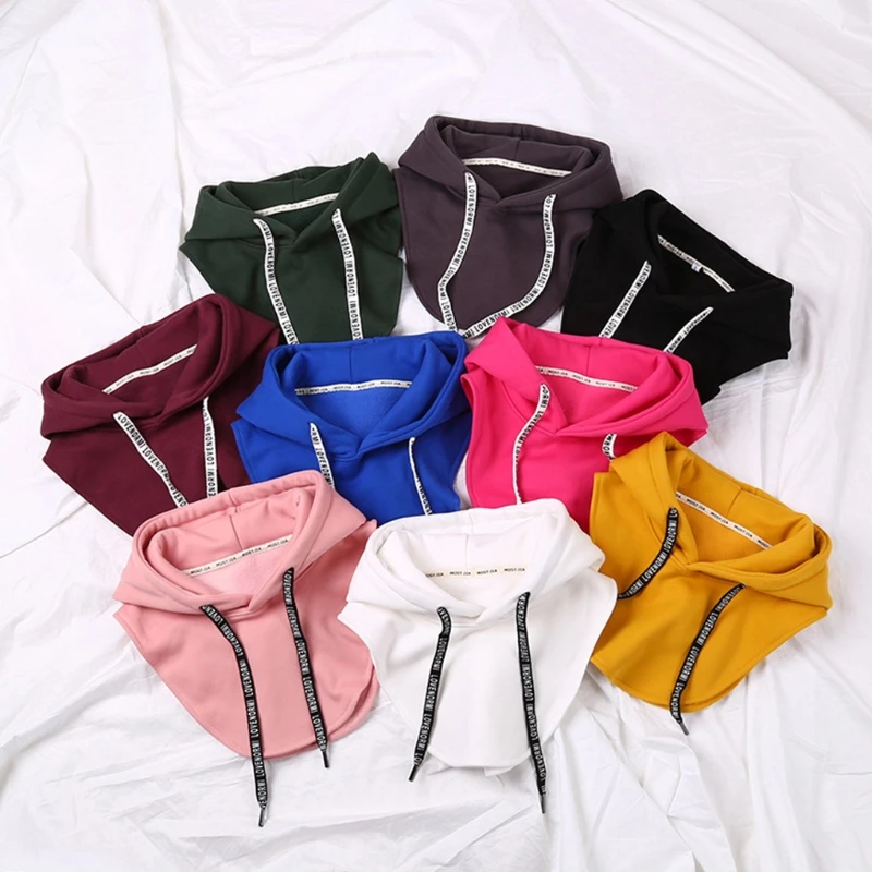 Unisex Thicken Hoodie Fake Collar with Hat Letters Print Drawstring Dickey Pullover Crop Top Solid Color Half Sweatshirt