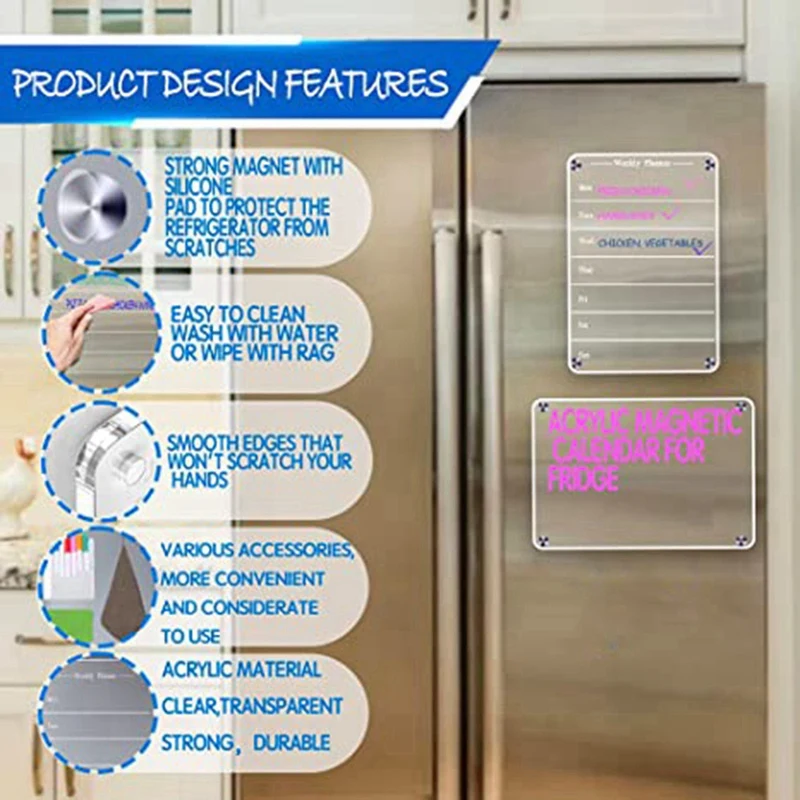 Placa acrílica magnética transparente para geladeira, planejador de refeições semanal, calendário semanal