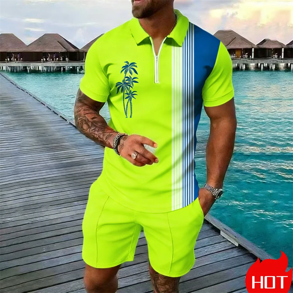 

Модный мужской комплект: стильные поло с коротким рукавом на молнии и шорты, 2-х предметный набор для спорта и отдыха, летний спортивный комплект с молнией.