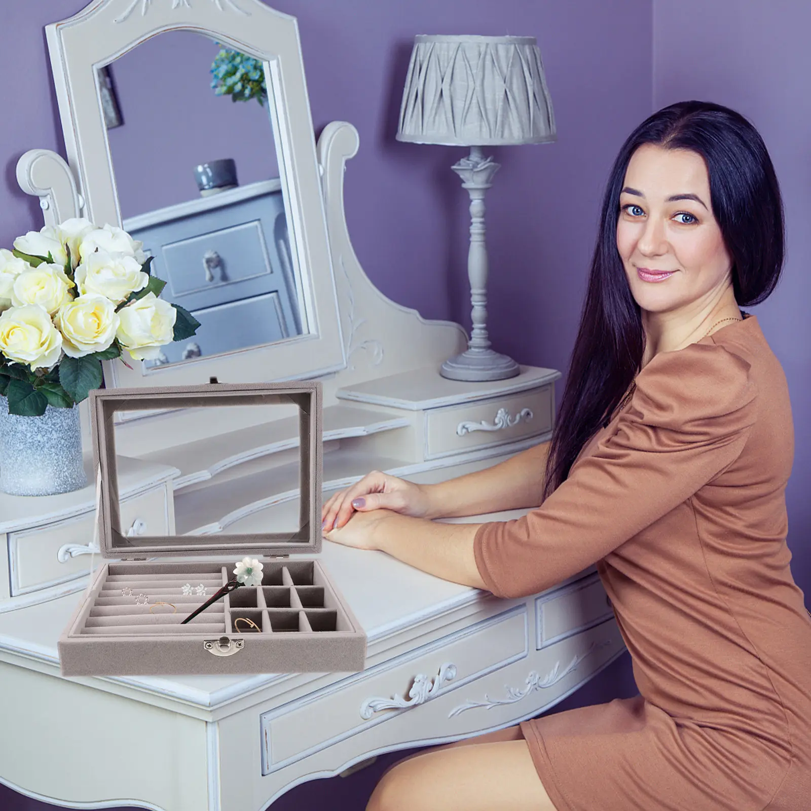 

Большая портативная шкатулка для хранения украшений с отделениями, органайзер для серег и ожерелий, пылезащитный держатель для демонстрации украшений для спальни